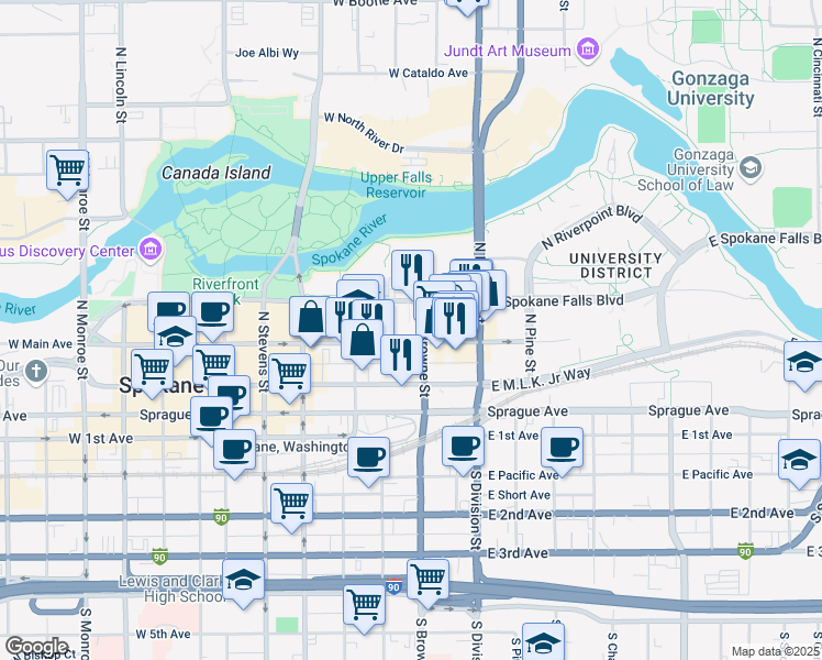 map of restaurants, bars, coffee shops, grocery stores, and more near 220 West Main Avenue in Spokane