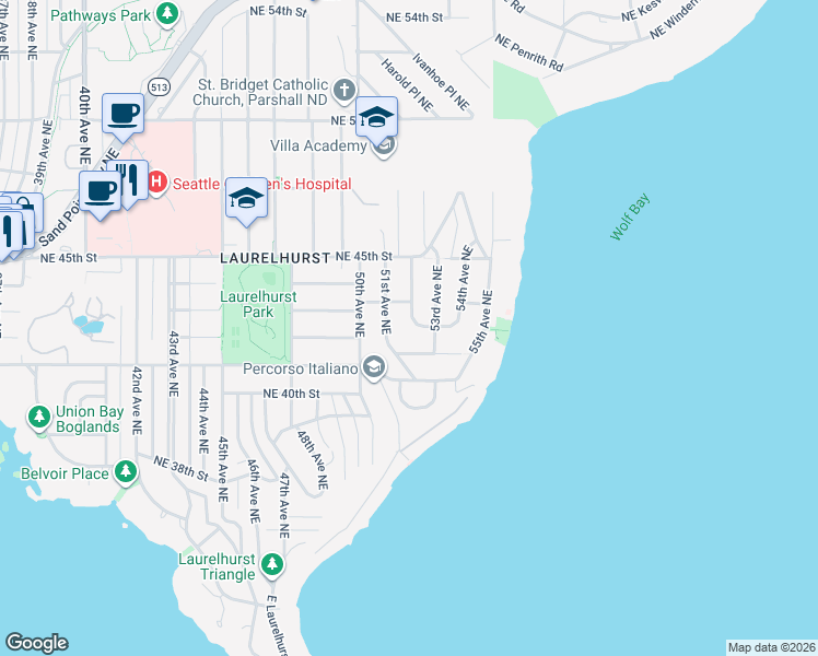 map of restaurants, bars, coffee shops, grocery stores, and more near 4230 51st Avenue Northeast in Seattle