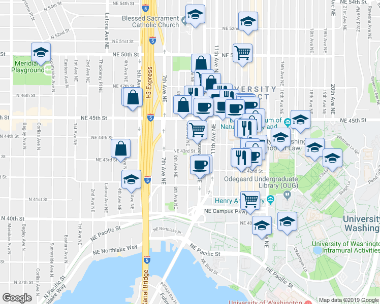 map of restaurants, bars, coffee shops, grocery stores, and more near 817 Northeast 43rd Street in Seattle