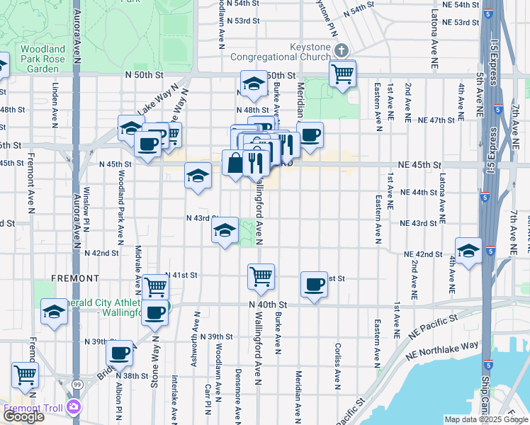 map of restaurants, bars, coffee shops, grocery stores, and more near 4311 Burke Avenue North in Seattle