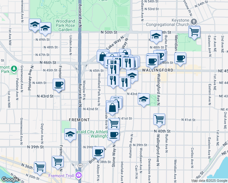 map of restaurants, bars, coffee shops, grocery stores, and more near in Seattle