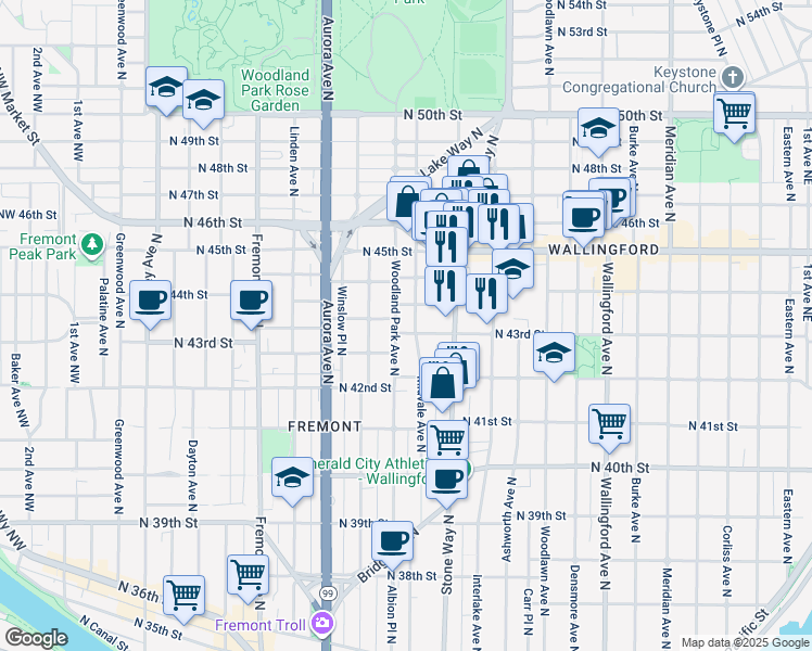 map of restaurants, bars, coffee shops, grocery stores, and more near 4300 Woodland Park Avenue North in Seattle