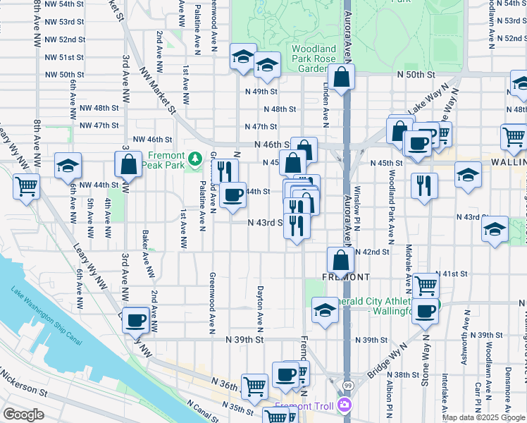 map of restaurants, bars, coffee shops, grocery stores, and more near 4318 Dayton Avenue North in Seattle
