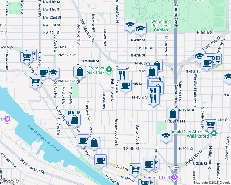 map of restaurants, bars, coffee shops, grocery stores, and more near 4318 Greenwood Avenue North in Seattle