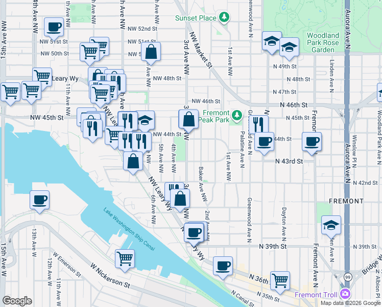 map of restaurants, bars, coffee shops, grocery stores, and more near 4312 3rd Avenue Northwest in Seattle