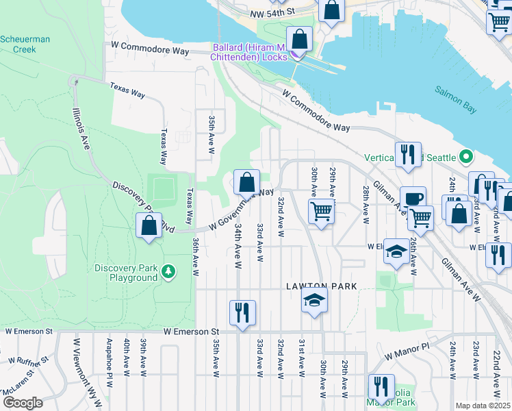 map of restaurants, bars, coffee shops, grocery stores, and more near 3309 West Government Way in Seattle