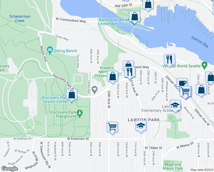 map of restaurants, bars, coffee shops, grocery stores, and more near 3400 West Government Way in Seattle