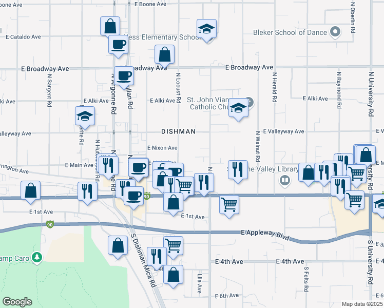 map of restaurants, bars, coffee shops, grocery stores, and more near 212 North Locust Road in Spokane Valley