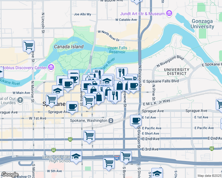 map of restaurants, bars, coffee shops, grocery stores, and more near 200 North Bernard Street in Spokane