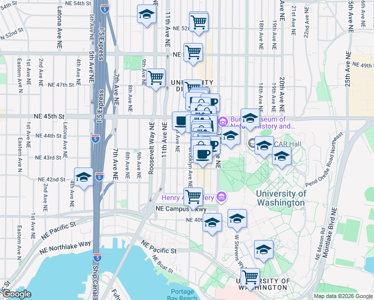 map of restaurants, bars, coffee shops, grocery stores, and more near in Seattle