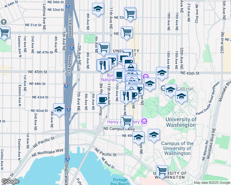 map of restaurants, bars, coffee shops, grocery stores, and more near 4235 12th Avenue Northeast in Seattle