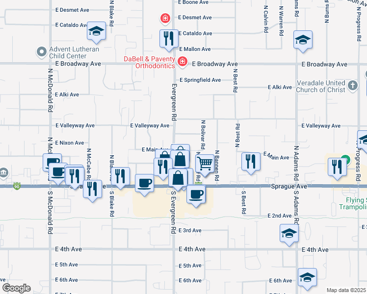map of restaurants, bars, coffee shops, grocery stores, and more near 13917 East Main Avenue in Spokane Valley