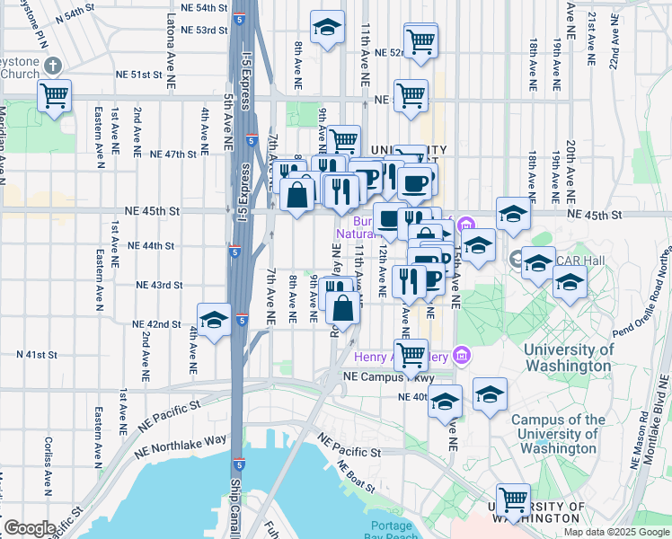 map of restaurants, bars, coffee shops, grocery stores, and more near Roosevelt Way NE & NE 43rd St in Seattle