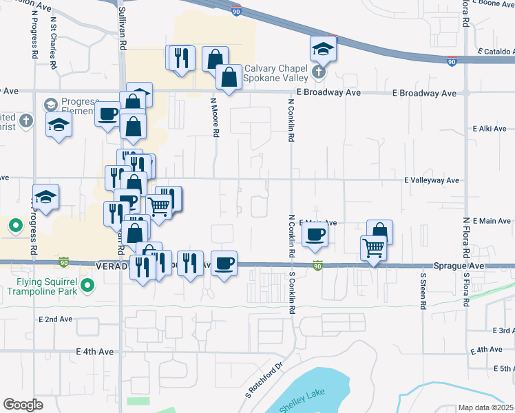map of restaurants, bars, coffee shops, grocery stores, and more near 16122 East Valleyway Avenue in Spokane Valley