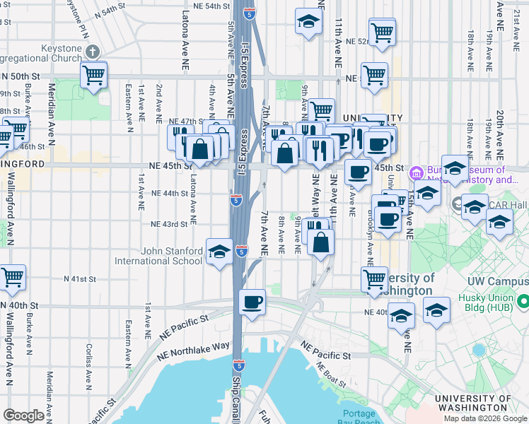 map of restaurants, bars, coffee shops, grocery stores, and more near 7th Ave NE & NE 43rd St in Seattle