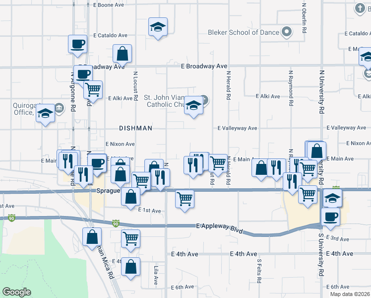 map of restaurants, bars, coffee shops, grocery stores, and more near 215 North Sunderland Road in Spokane Valley