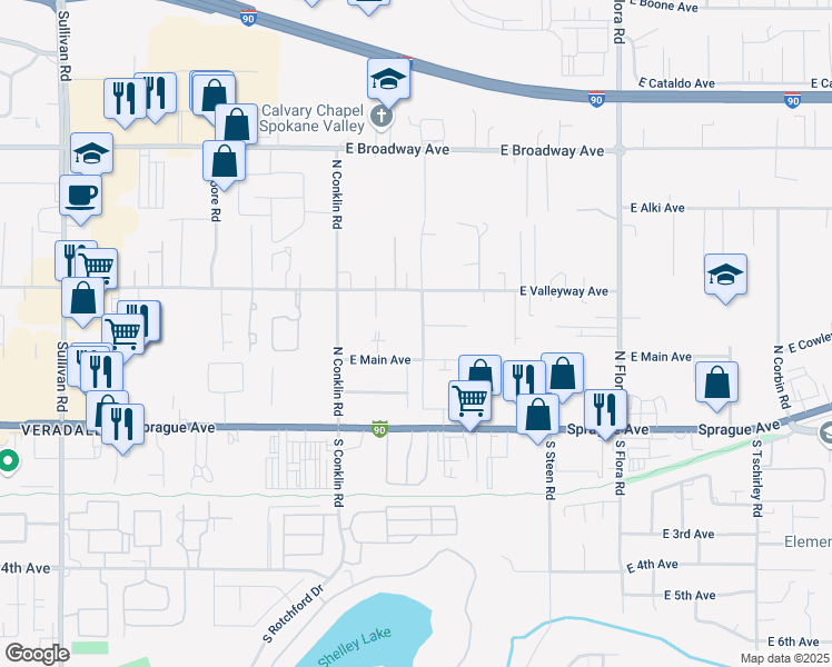 map of restaurants, bars, coffee shops, grocery stores, and more near 215 North Shamrock Street in Spokane Valley