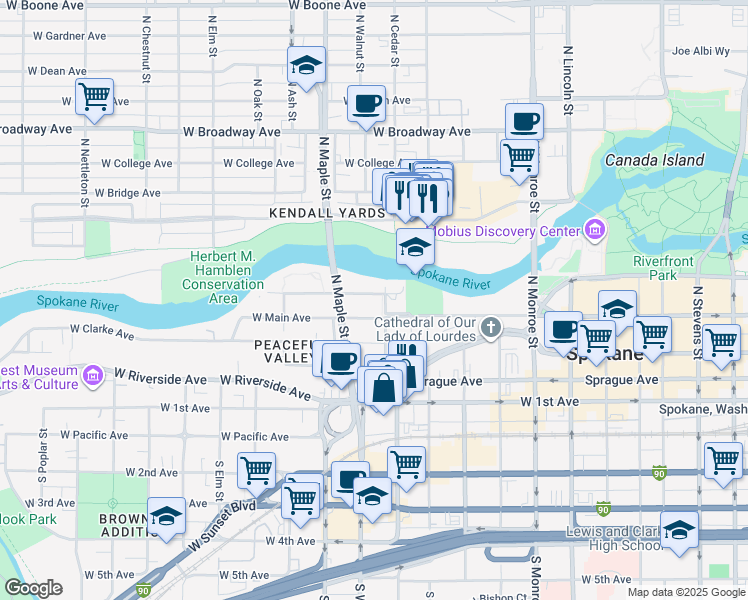 map of restaurants, bars, coffee shops, grocery stores, and more near 1409 West Water Avenue in Spokane