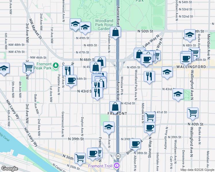 map of restaurants, bars, coffee shops, grocery stores, and more near in Seattle