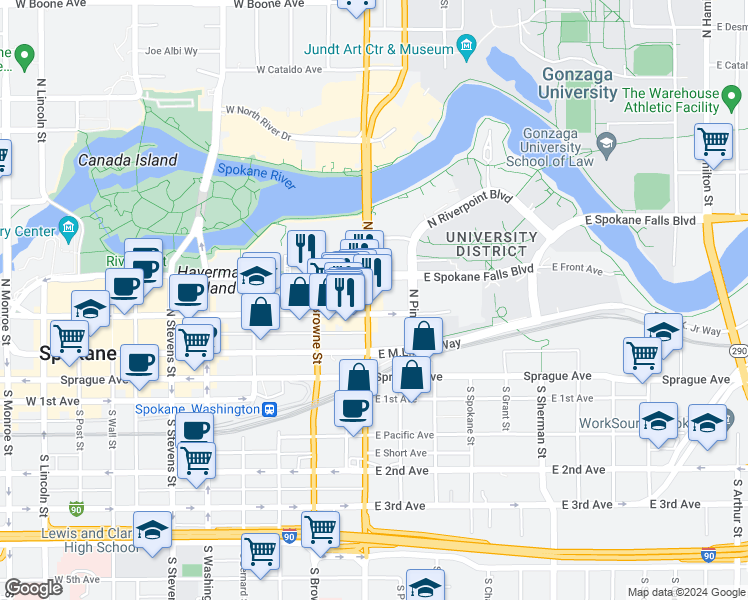 map of restaurants, bars, coffee shops, grocery stores, and more near 212 North Division Street in Spokane