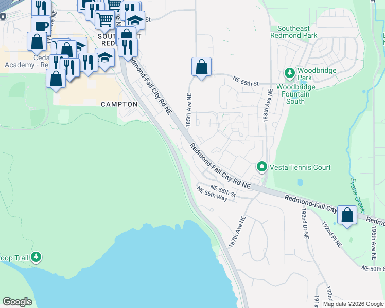 map of restaurants, bars, coffee shops, grocery stores, and more near 18544 Northeast 57th Street in Redmond