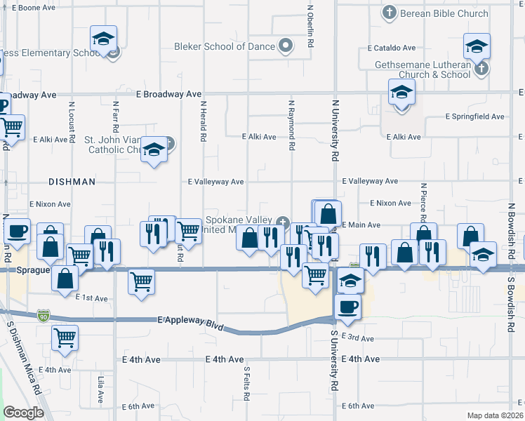 map of restaurants, bars, coffee shops, grocery stores, and more near 10405 East Main Avenue in Spokane Valley
