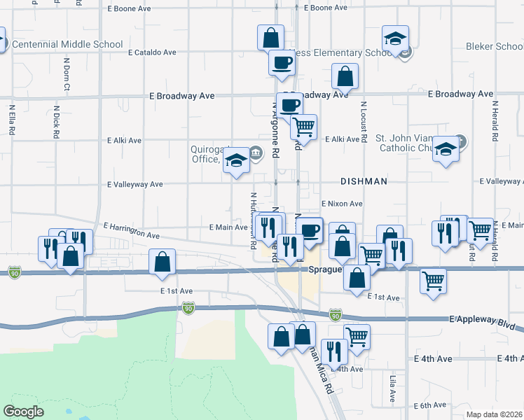 map of restaurants, bars, coffee shops, grocery stores, and more near 222 North Hutchinson Road in Spokane Valley