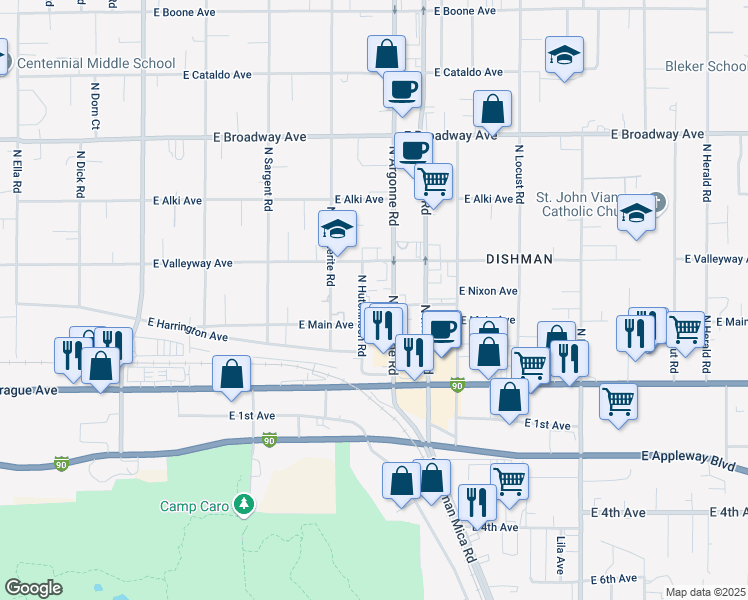 map of restaurants, bars, coffee shops, grocery stores, and more near 222 North Hutchinson Road in Spokane Valley