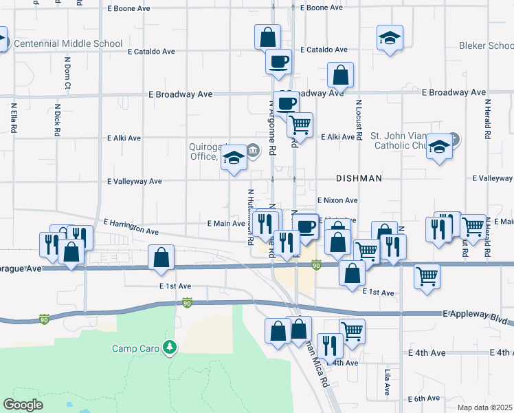 map of restaurants, bars, coffee shops, grocery stores, and more near 222 North Hutchinson Road in Spokane Valley