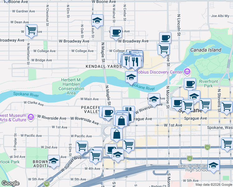 map of restaurants, bars, coffee shops, grocery stores, and more near 1409 West Water Avenue in Spokane