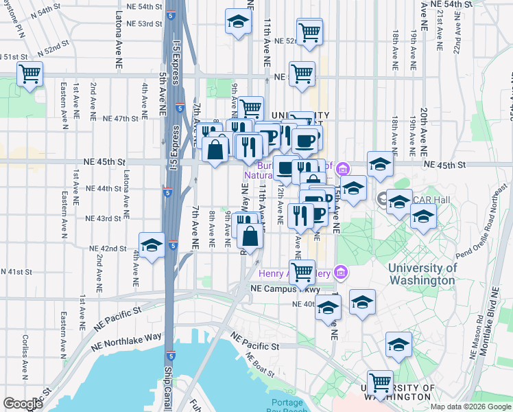 map of restaurants, bars, coffee shops, grocery stores, and more near 4242 Roosevelt Way Northeast in Seattle