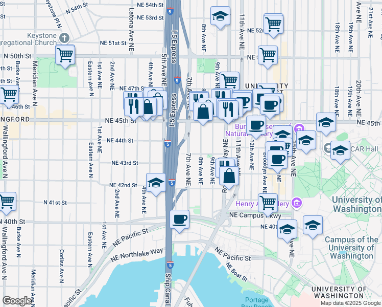 map of restaurants, bars, coffee shops, grocery stores, and more near 706 Northeast 43rd Street in Seattle