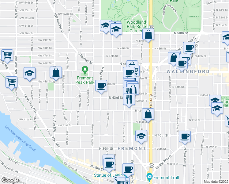 map of restaurants, bars, coffee shops, grocery stores, and more near 4318 Dayton Avenue North in Seattle
