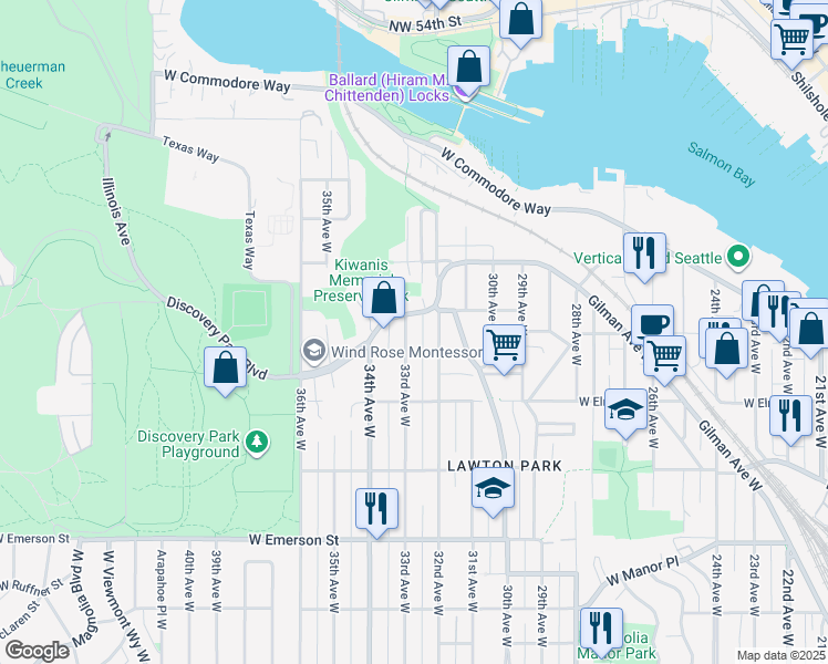 map of restaurants, bars, coffee shops, grocery stores, and more near 4335 32nd Avenue West in Seattle