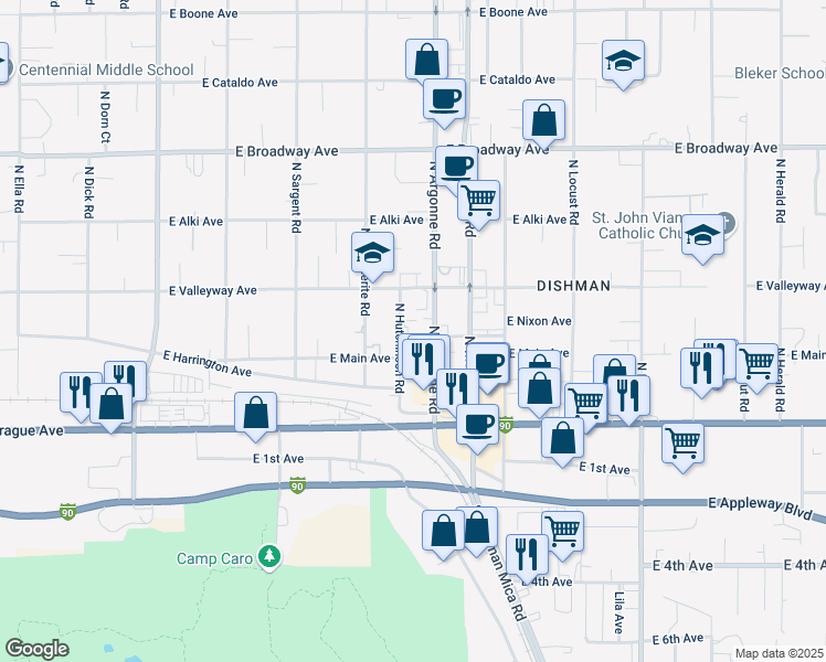 map of restaurants, bars, coffee shops, grocery stores, and more near 222 North Hutchinson Road in Spokane Valley