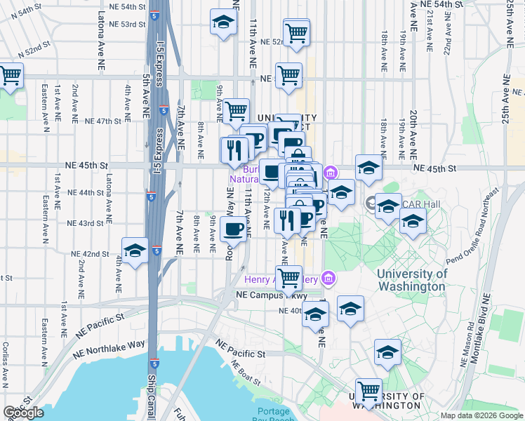 map of restaurants, bars, coffee shops, grocery stores, and more near 4235 12th Avenue Northeast in Seattle