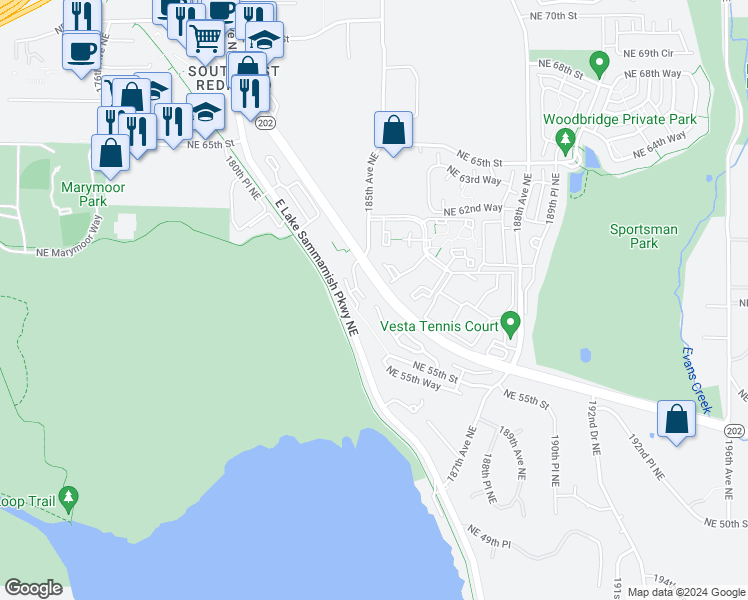 map of restaurants, bars, coffee shops, grocery stores, and more near 18544 Northeast 57th Street in Redmond