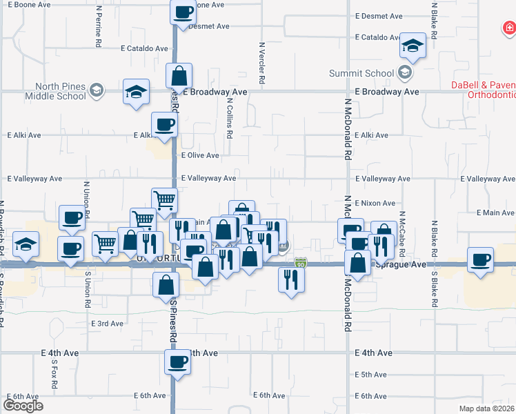 map of restaurants, bars, coffee shops, grocery stores, and more near 12701 East Main Avenue in Spokane Valley