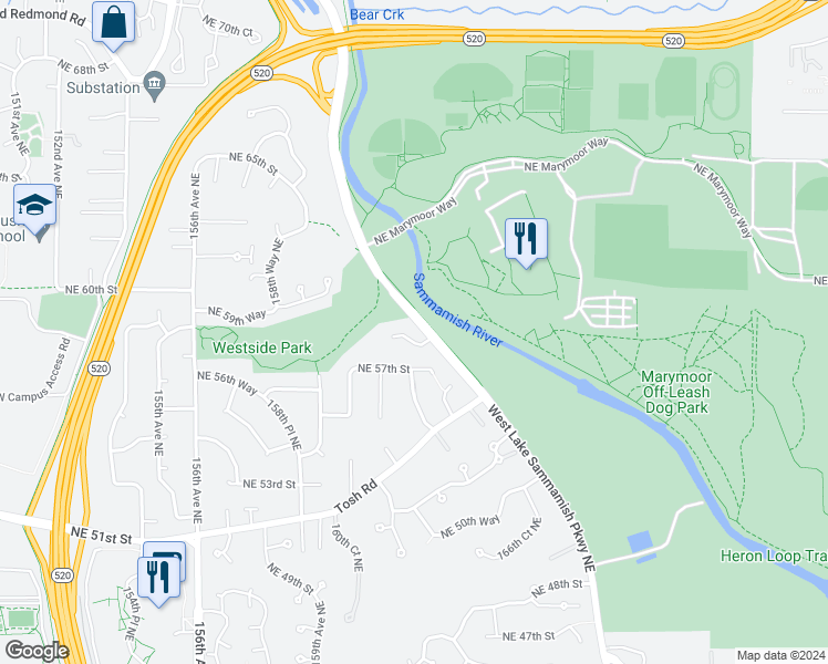 map of restaurants, bars, coffee shops, grocery stores, and more near 16216 Northeast 58th Court in Redmond