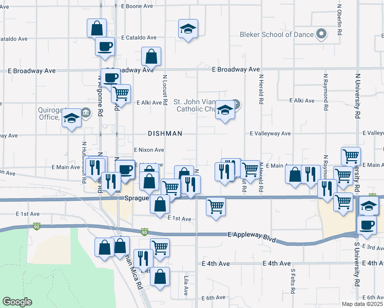 map of restaurants, bars, coffee shops, grocery stores, and more near 218 North Farr Road in Spokane Valley
