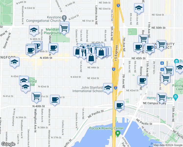 map of restaurants, bars, coffee shops, grocery stores, and more near 4319 Thackeray Place Northeast in Seattle