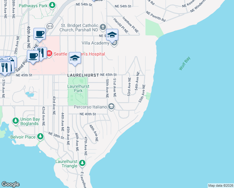 map of restaurants, bars, coffee shops, grocery stores, and more near 4230 51st Avenue Northeast in Seattle