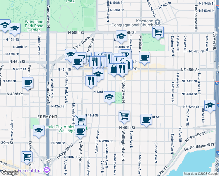 map of restaurants, bars, coffee shops, grocery stores, and more near 4310 Woodlawn Avenue North in Seattle