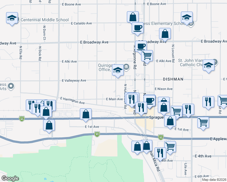 map of restaurants, bars, coffee shops, grocery stores, and more near 8801 East Main Avenue in Spokane Valley