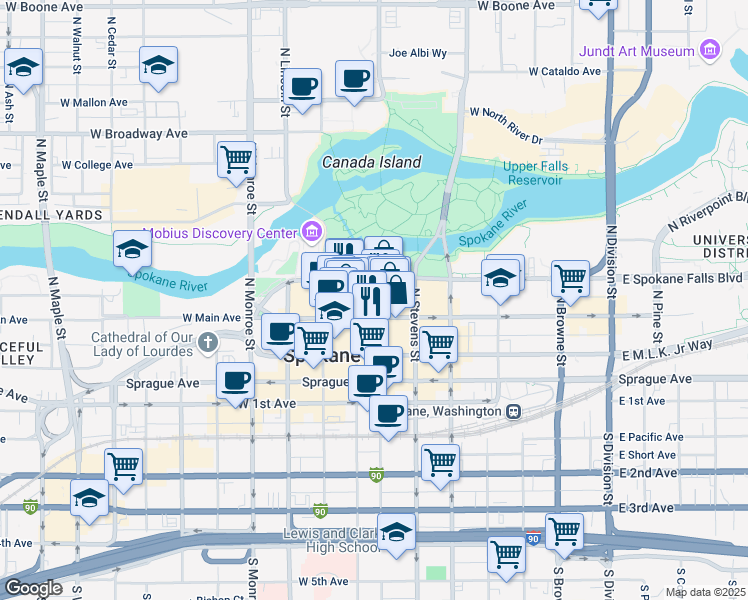 map of restaurants, bars, coffee shops, grocery stores, and more near 612 West Main Avenue in Spokane