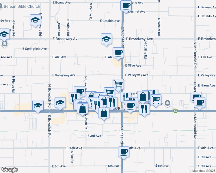 map of restaurants, bars, coffee shops, grocery stores, and more near 217 North Whipple Road in Spokane