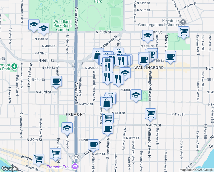 map of restaurants, bars, coffee shops, grocery stores, and more near 4301 Stone Way North in Seattle