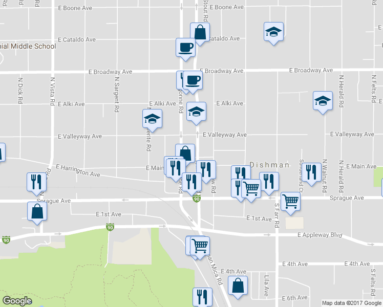 map of restaurants, bars, coffee shops, grocery stores, and more near 300 North Argonne Road in Spokane Valley