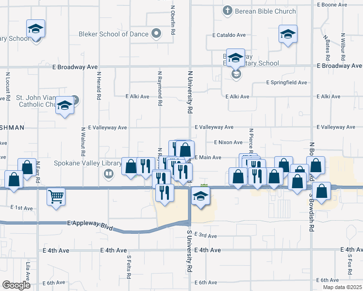 map of restaurants, bars, coffee shops, grocery stores, and more near 213 North University Road in Spokane Valley