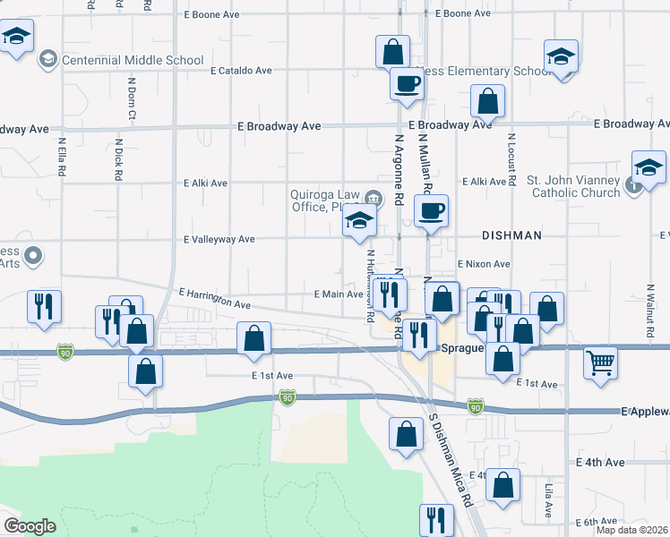map of restaurants, bars, coffee shops, grocery stores, and more near 8801 East Main Avenue in Spokane Valley